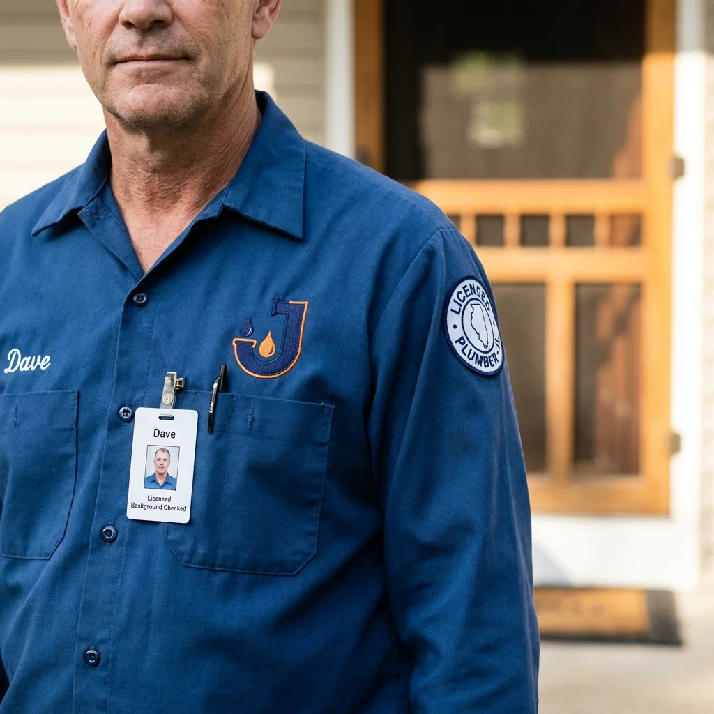 Licensed plumber showing ID badge in Farmington, ME