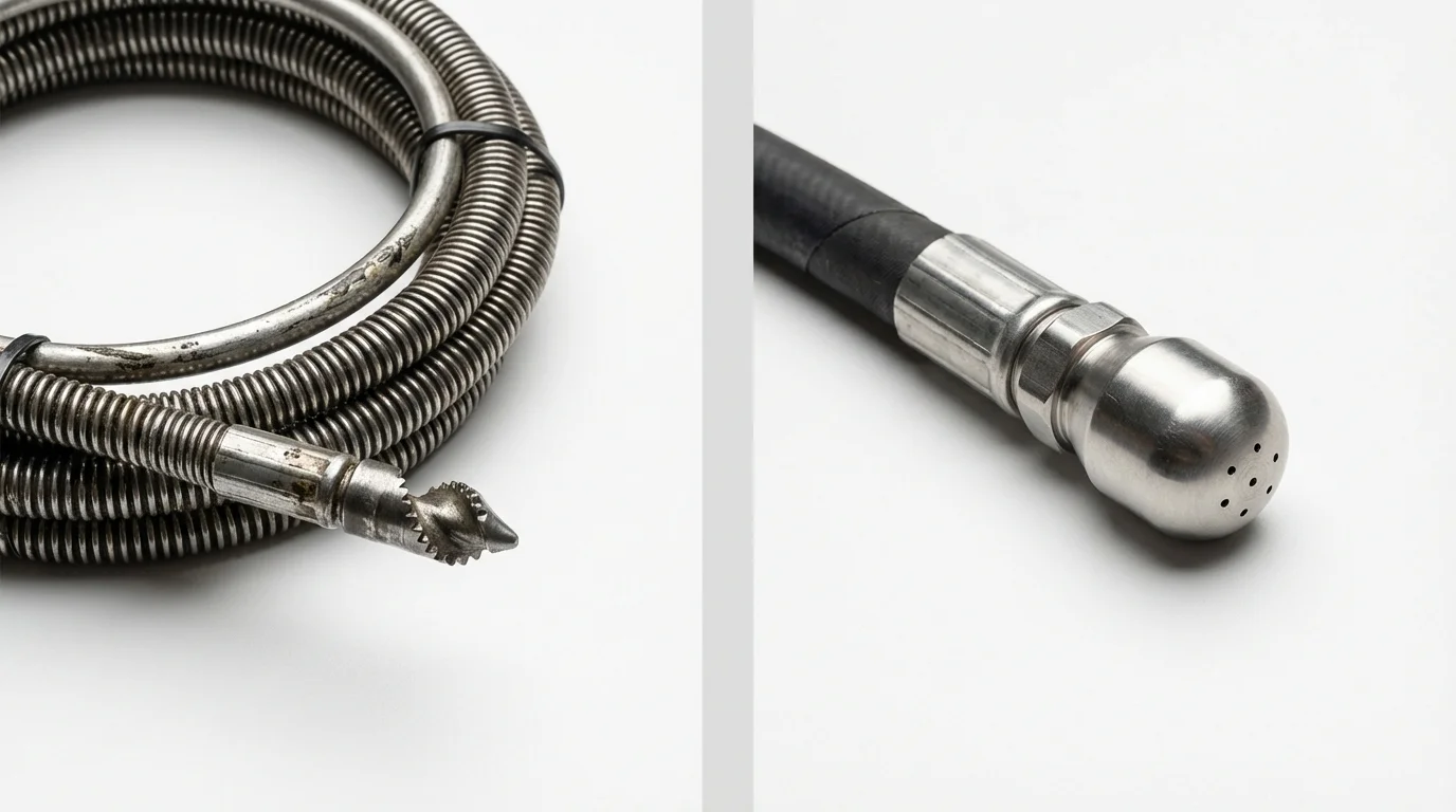 Drain snake cable and hydro jetting nozzle used for drain cleaning in Farmington, ME