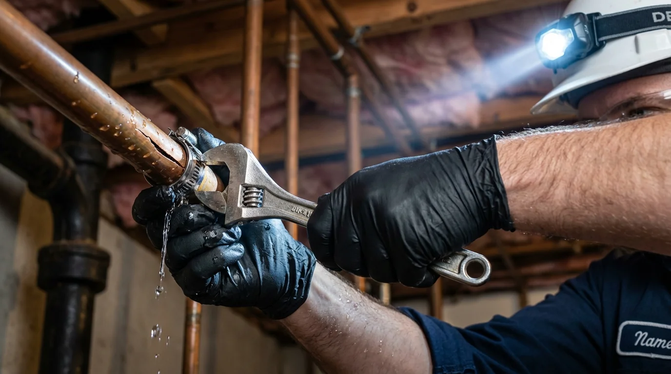 Emergency pipe clamp repair being performed by a Johns Plumbing LLC plumber in Farmington
