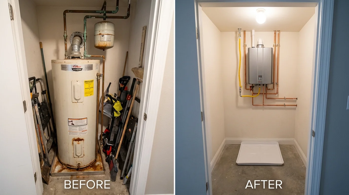 Tank water heater versus wall-mounted tankless unit comparison for Farmington, ME homeowners