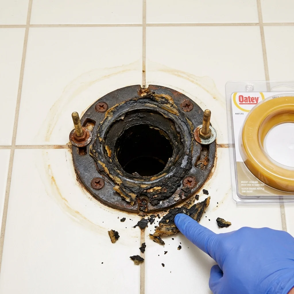 Failed wax ring showing water seepage at the base of a toilet in a Farmington, ME home