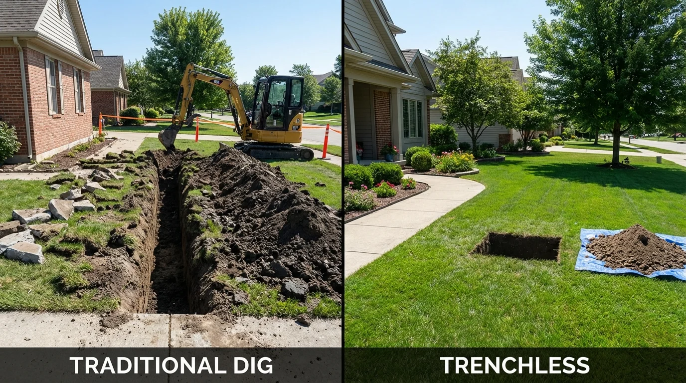 Trenchless sewer repair with minimal yard damage versus traditional excavation in Farmington, ME
