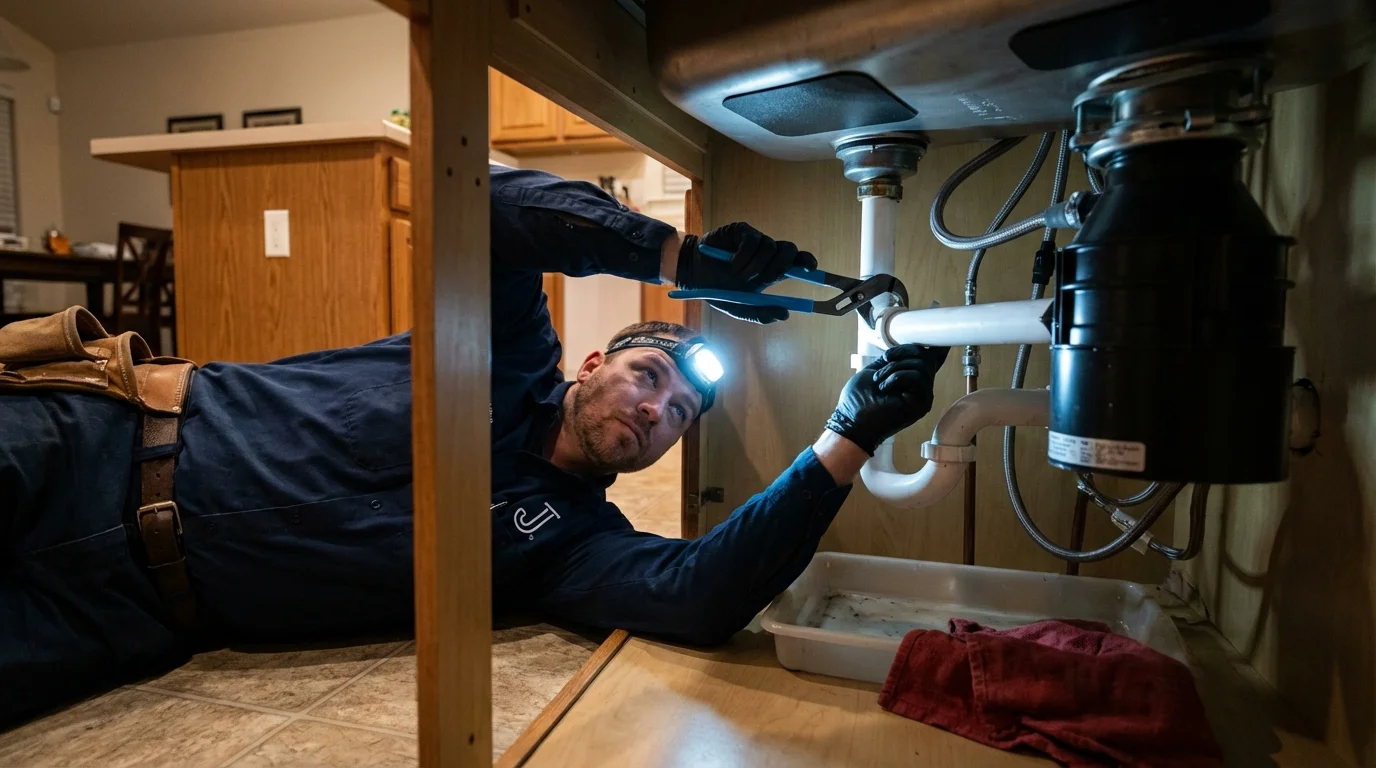P-trap and supply line connections under a kitchen sink showing a common leak point in Farmington, ME